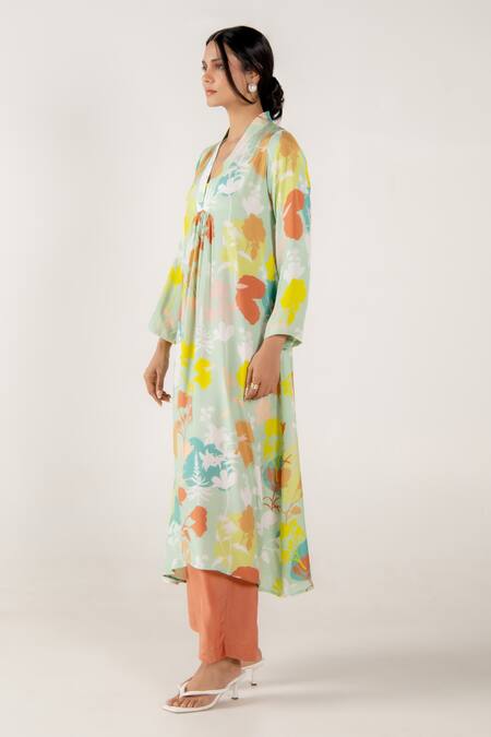 Aroop Shop India Green Cotton, Silk V-neck Leena Holly Floral Print Kurta Online at Aza Fashions Aroop Shop India_Green Cotton, Silk V-neck Leena Holly Floral Print Kurta _Online_at_Aza_Fashions