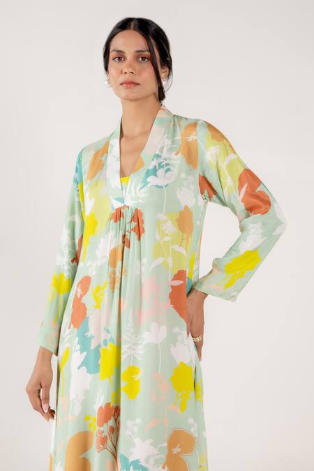 Buy Aroop Shop India Green Cotton, Silk V-neck Leena Holly Floral Print Kurta Online at Aza Fashions Buy_Aroop Shop India_Green Cotton, Silk V-neck Leena Holly Floral Print Kurta _Online_at_Aza_Fashions