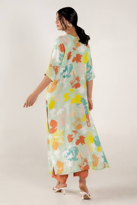 Shop_Aroop Shop India_Green Cotton, Silk V-neck Posy Holly Floral Print Kurta And Pant Set _Online_at_Aza_Fashions