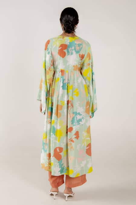 Shop Aroop Shop India Green Cotton, Silk V-neck Tulip Holly Print Kurta And Pant Set at Aza Fashions Shop_Aroop Shop India_Green Cotton, Silk V-neck Tulip Holly Print Kurta And Pant Set _at_Aza_Fashions