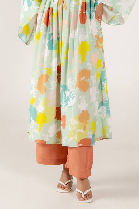 Aroop Shop India Green Cotton, Silk V-neck Tulip Holly Print Kurta And Pant Set Online at Aza Fashions Aroop Shop India_Green Cotton, Silk V-neck Tulip Holly Print Kurta And Pant Set _Online_at_Aza_Fashions