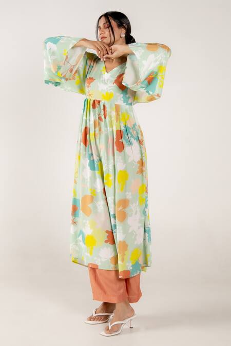 Shop Aroop Shop India Green Cotton, Silk V-neck Tulip Holly Print Kurta And Pant Set Online at Aza Fashions Shop_Aroop Shop India_Green Cotton, Silk V-neck Tulip Holly Print Kurta And Pant Set _Online_at_Aza_Fashions