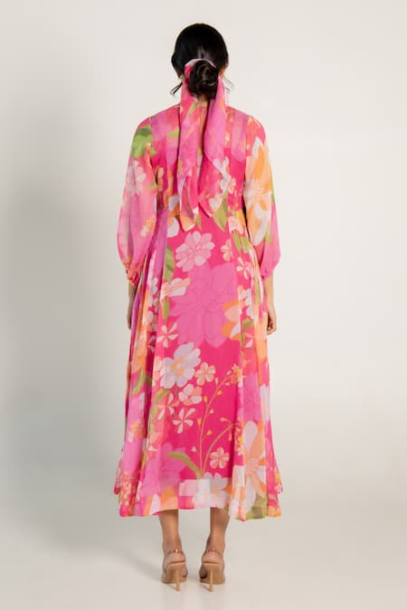 Shop_Aroop Shop India_Magenta Chiffon V-neck Alcia Floral Print Kurta _at_Aza_Fashions