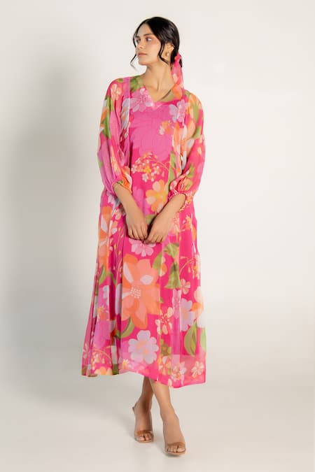 Aroop Shop India_Magenta Chiffon V-neck Alcia Floral Print Kurta _Online_at_Aza_Fashions