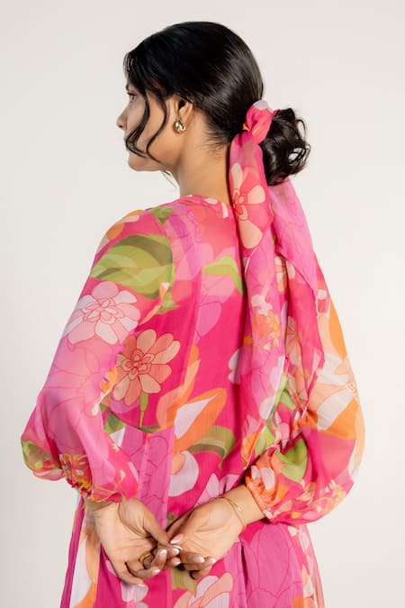Shop_Aroop Shop India_Magenta Chiffon V-neck Alcia Floral Print Kurta _Online_at_Aza_Fashions