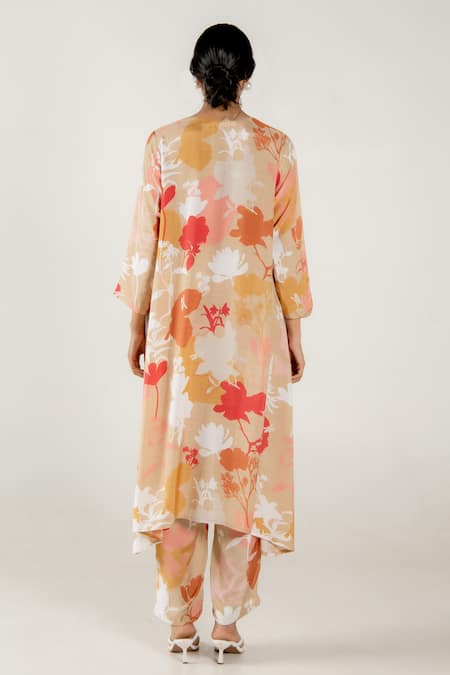 Shop Aroop Shop India Beige Cotton, Silk V-neck Cecile Printed Kurta And Pant Set at Aza Fashions Shop_Aroop Shop India_Beige Cotton, Silk V-neck Cecile Printed Kurta And Pant Set _at_Aza_Fashions