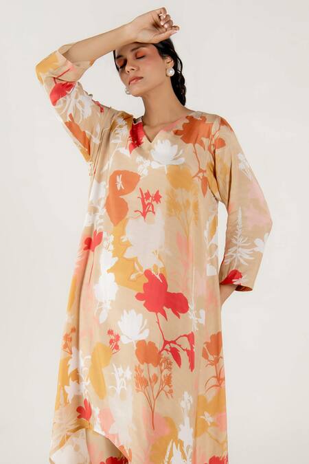 Buy Aroop Shop India Beige Cotton, Silk V-neck Cecile Printed Kurta And Pant Set Online at Aza Fashions Buy_Aroop Shop India_Beige Cotton, Silk V-neck Cecile Printed Kurta And Pant Set _Online_at_Aza_Fashions