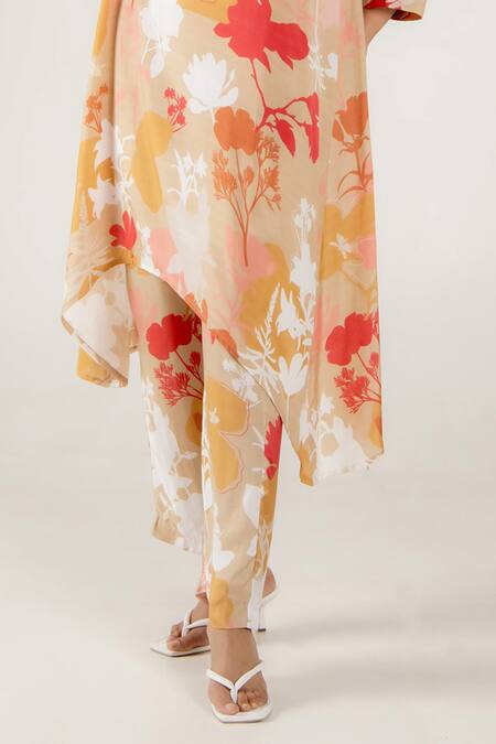 Shop Aroop Shop India Beige Cotton, Silk V-neck Cecile Printed Kurta And Pant Set Online at Aza Fashions Shop_Aroop Shop India_Beige Cotton, Silk V-neck Cecile Printed Kurta And Pant Set _Online_at_Aza_Fashions