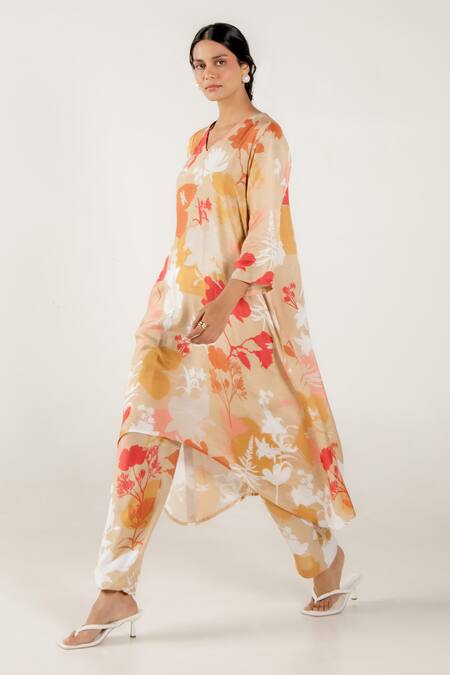 Buy Aroop Shop India Beige Cotton, Silk V-neck Cecile Printed Kurta And Pant Set Buy_Aroop Shop India_Beige Cotton, Silk V-neck Cecile Printed Kurta And Pant Set