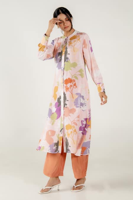 Aroop Shop India_Pink Cotton, Silk Mandarin Collar Dahlia Ivy Print Kurta _Online_at_Aza_Fashions