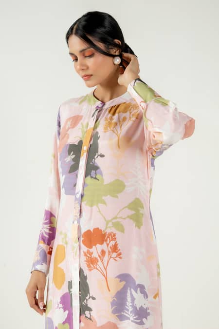 Shop_Aroop Shop India_Pink Cotton, Silk Mandarin Collar Dahlia Ivy Print Kurta _Online_at_Aza_Fashions