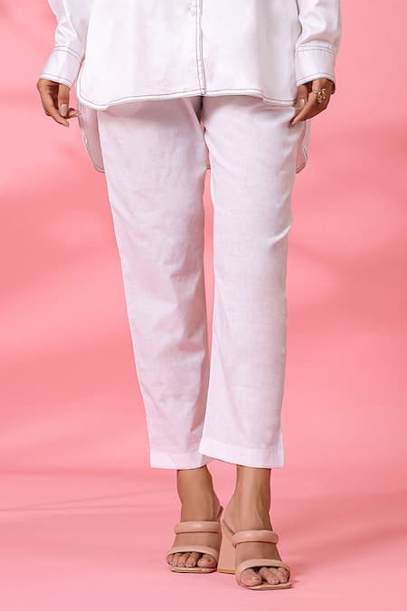 Buy K-Anshika White Cotton Embroidered Resham Thread Collar Shirt And Pant Set Online at Aza Fashions Buy_K-Anshika_White Cotton Embroidered Resham Thread Collar Shirt And Pant Set _Online_at_Aza_Fashions