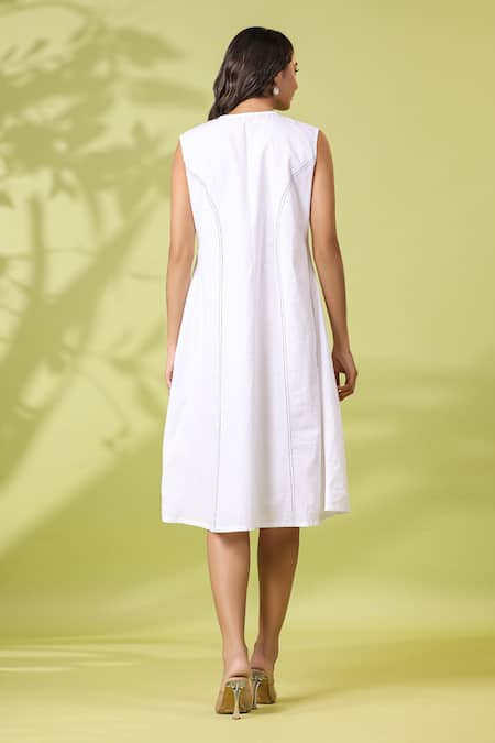 Shop_K-Anshika_White Cotton Embroidery V-neck Resham Thread Dress _at_Aza_Fashions