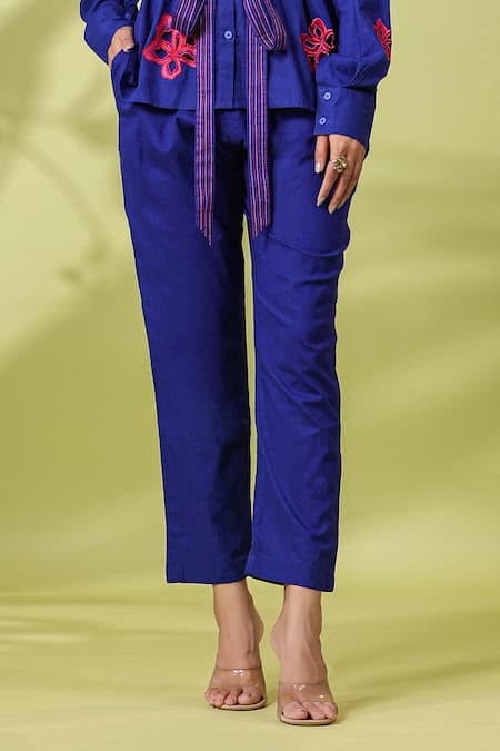 Buy K-Anshika Blue Cotton Embroidered Resham Thread Collar Shirt And Pant Set Online at Aza Fashions Buy_K-Anshika_Blue Cotton Embroidered Resham Thread Collar Shirt And Pant Set _Online_at_Aza_Fashions