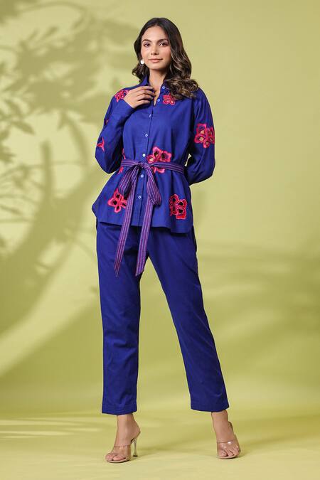 Shop_K-Anshika_Blue Cotton Embroidered Resham Thread Collar Shirt And Pant Set _Online_at_Aza_Fashions