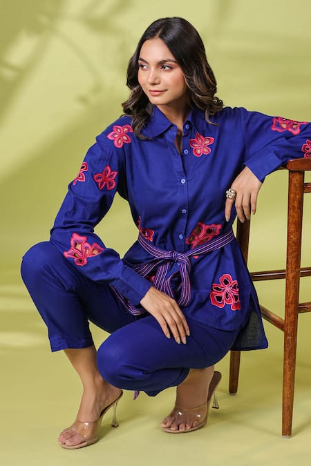 Buy_K-Anshika_Blue Cotton Embroidered Resham Thread Collar Shirt And Pant Set 