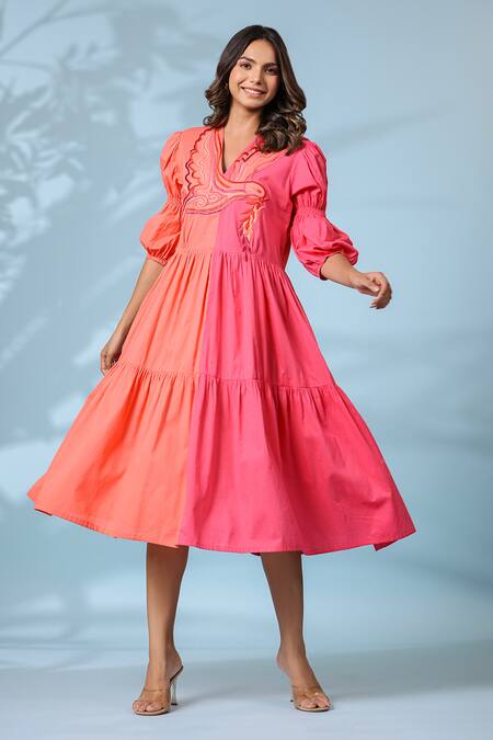 Buy_K-Anshika_Peach Cotton Embroidery V-neck Dress _Online_at_Aza_Fashions