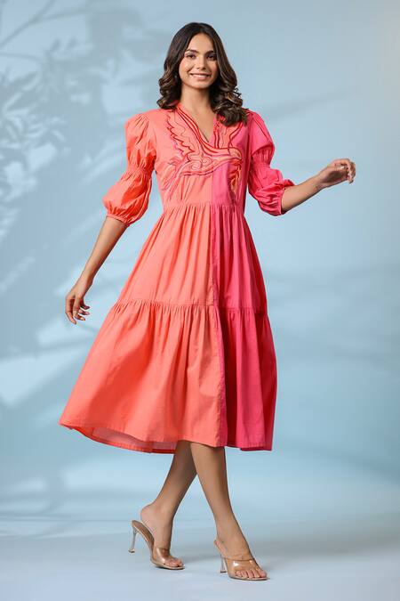 Shop_K-Anshika_Peach Cotton Embroidery V-neck Dress _Online_at_Aza_Fashions