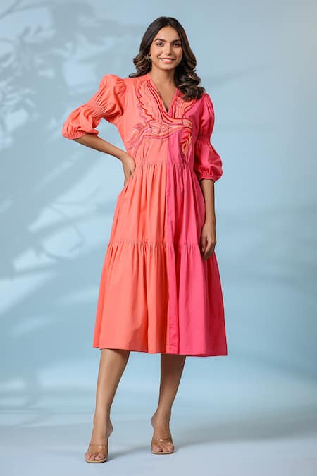 k-anshika Peach Cotton Embroidered Resham Thread V Neck Dress 