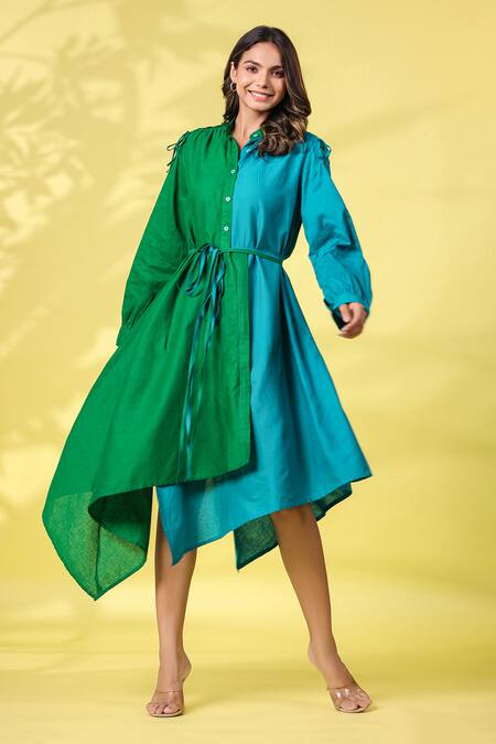K-Anshika_Green Cotton Embroidery Collared Asymmetrical Dress With Belt _Online_at_Aza_Fashions