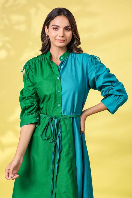 Buy_K-Anshika_Green Cotton Embroidery Collared Asymmetrical Dress With Belt _Online_at_Aza_Fashions