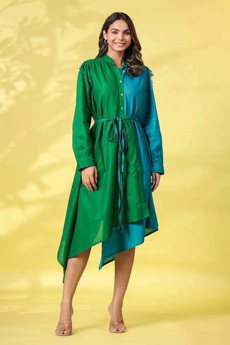 k-anshika Green Cotton Embroidered Resham Thread Band Collar Asymmetrical Dress With Belt 