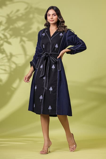 Buy_K-Anshika_Black Cotton Embroidery Collared Resham Thread Work Dress _Online_at_Aza_Fashions