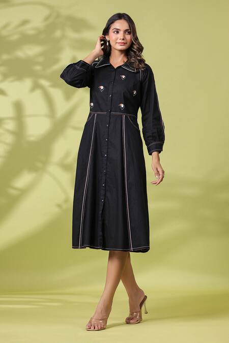 K-Anshika_Black Cotton Embroidery Collared Midi Dress _Online_at_Aza_Fashions