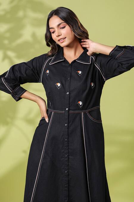 Buy_K-Anshika_Black Cotton Embroidery Collared Midi Dress _Online_at_Aza_Fashions