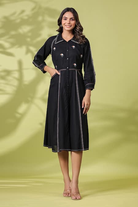 k-anshika Black Cotton Embroidered Resham Thread Collar Midi Dress 