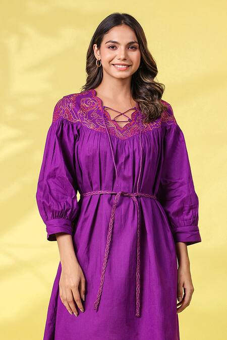 K-Anshika Purple Cotton Embroidery Scoop Neck Resham Thread Work Dress With Belt Online at Aza Fashions K-Anshika_Purple Cotton Embroidery Scoop Neck Resham Thread Work Dress With Belt _Online_at_Aza_Fashions