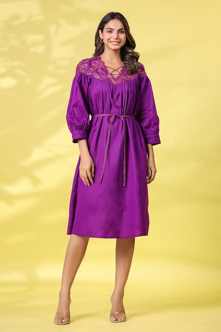 k-anshika Purple Cotton Embroidered Resham Thread Scalloped Neck Work Dress With Belt 