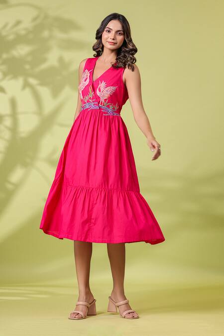 Buy_K-Anshika_Pink Cotton Embroidery V-neck Yoke Dress With Belt _Online_at_Aza_Fashions