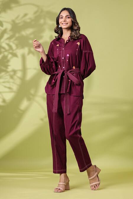 K-Anshika_Wine Cotton Embroidered Resham Thread Collar Shirt And Pant Set _Online_at_Aza_Fashions