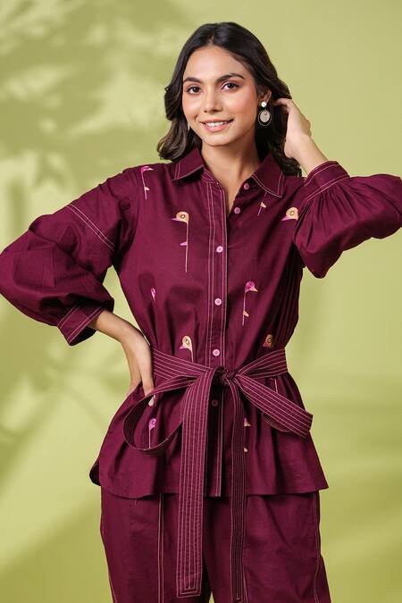 Buy_K-Anshika_Wine Cotton Embroidered Resham Thread Collar Shirt And Pant Set _Online_at_Aza_Fashions