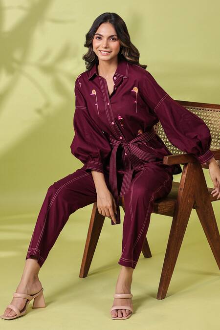 Shop_K-Anshika_Wine Cotton Embroidered Resham Thread Collar Shirt And Pant Set _Online_at_Aza_Fashions