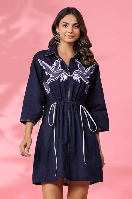 K-Anshika Blue Cotton Embroidery Collared Dress Online at Aza Fashions K-Anshika_Blue Cotton Embroidery Collared Dress _Online_at_Aza_Fashions
