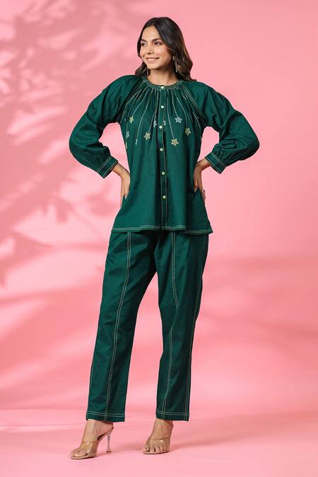 Buy_K-Anshika_Green Cotton Embroidered Resham Thread Round Top And Pant Set _Online_at_Aza_Fashions