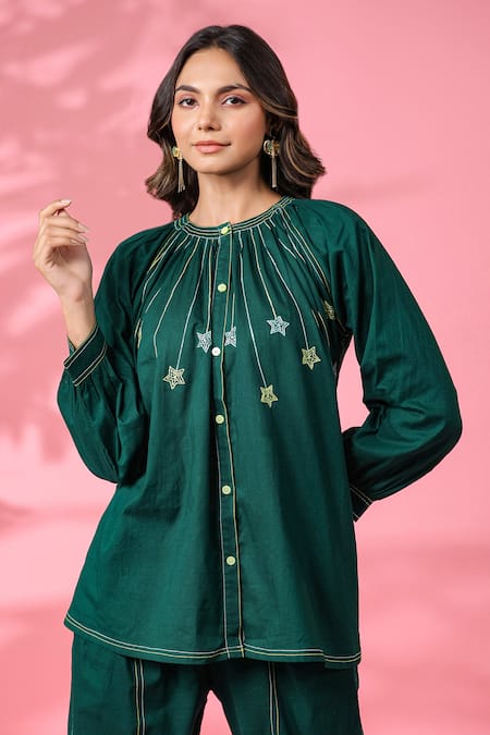 Shop_K-Anshika_Green Cotton Embroidered Resham Thread Round Top And Pant Set _Online_at_Aza_Fashions