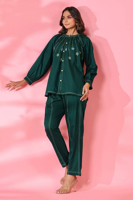 K-Anshika_Green Cotton Embroidered Resham Thread Round Top And Pant Set _at_Aza_Fashions
