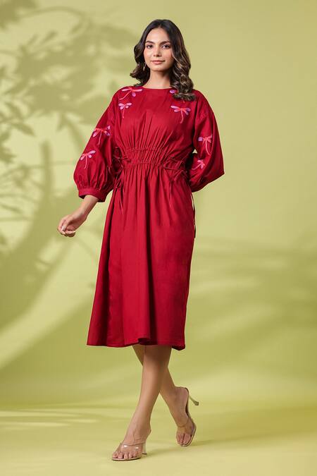 Buy_K-Anshika_Maroon Cotton Embroidery Round Neck Resham Thread Dress _Online_at_Aza_Fashions