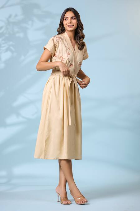 Buy_K-Anshika_Beige Cotton Embroidery V-neck Dress With Belt _Online_at_Aza_Fashions