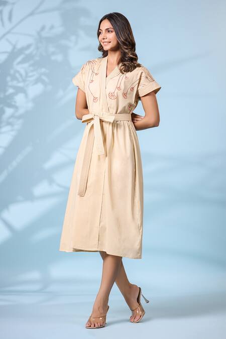 Shop_K-Anshika_Beige Cotton Embroidery V-neck Dress With Belt _Online_at_Aza_Fashions