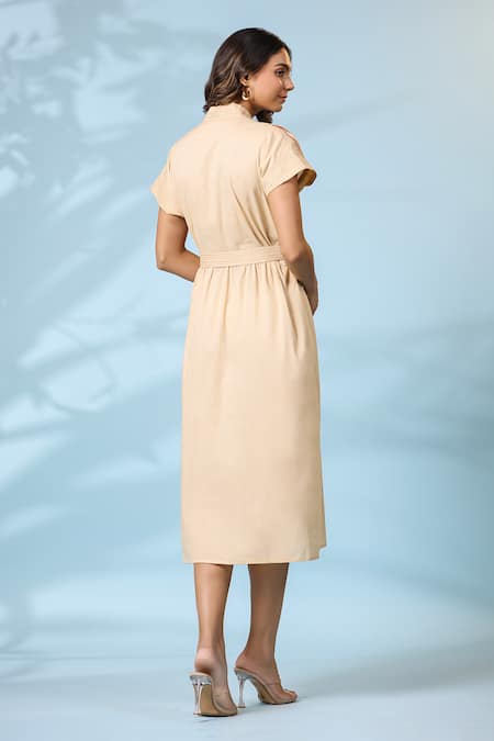 Shop_K-Anshika_Beige Cotton Embroidery V-neck Dress With Belt _at_Aza_Fashions