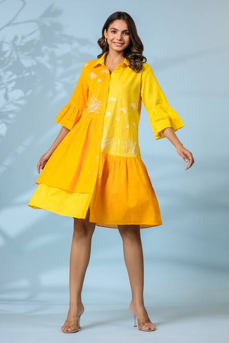 K-Anshika_Yellow Cotton Embroidery Collared Dress _Online_at_Aza_Fashions