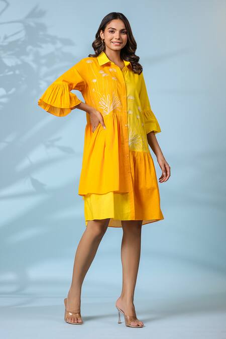 Buy_K-Anshika_Yellow Cotton Embroidery Collared Dress _Online_at_Aza_Fashions
