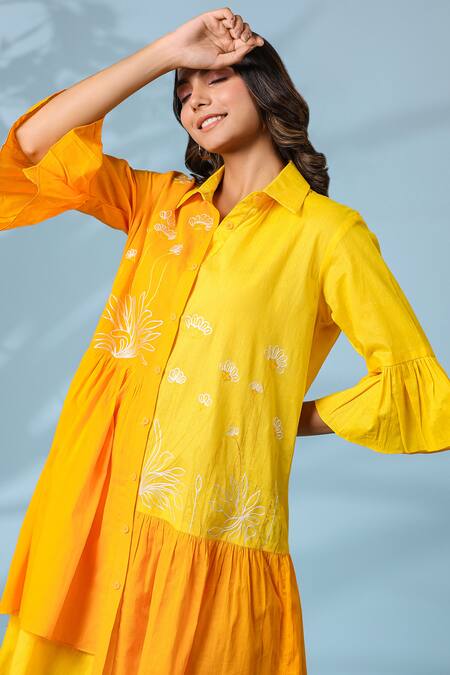 Shop_K-Anshika_Yellow Cotton Embroidery Collared Dress _Online_at_Aza_Fashions