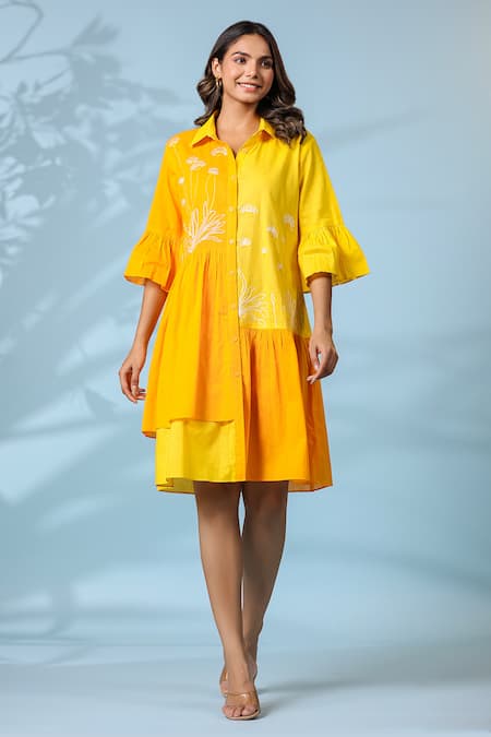 k-anshika Yellow Cotton Embroidered Resham Thread Collar Dress 