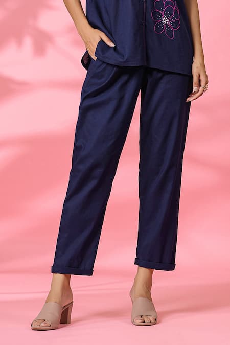 Buy K-Anshika Blue Cotton Embroidered Resham Thread Collar Work Top And Pant Set Online at Aza Fashions Buy_K-Anshika_Blue Cotton Embroidered Resham Thread Collar Work Top And Pant Set _Online_at_Aza_Fashions