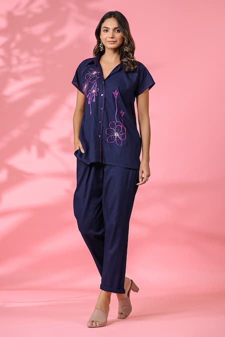 Shop_K-Anshika_Blue Cotton Embroidered Resham Thread Collar Work Top And Pant Set _Online_at_Aza_Fashions